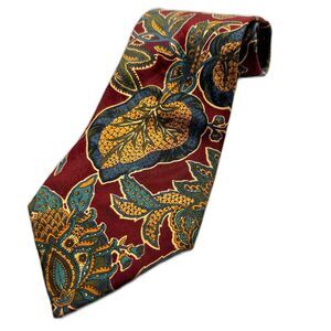 Villa Bugatti All Silk Tie - Maroon with Green and Gold Botanical Leaves